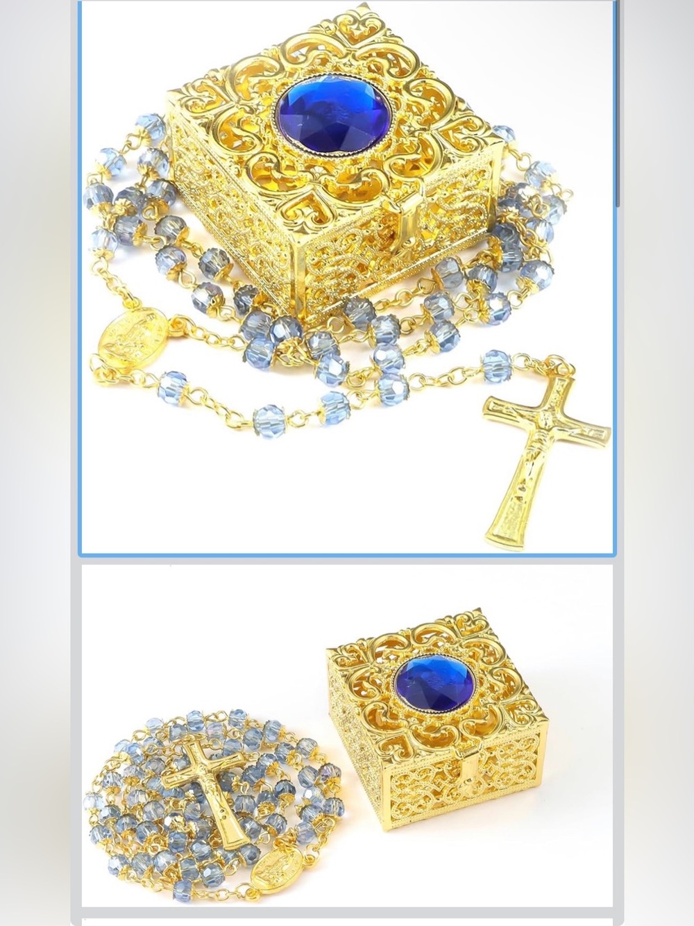 Gold-Tone Rosary Necklace with Blue Crystal Centerpiece and small keepsake box